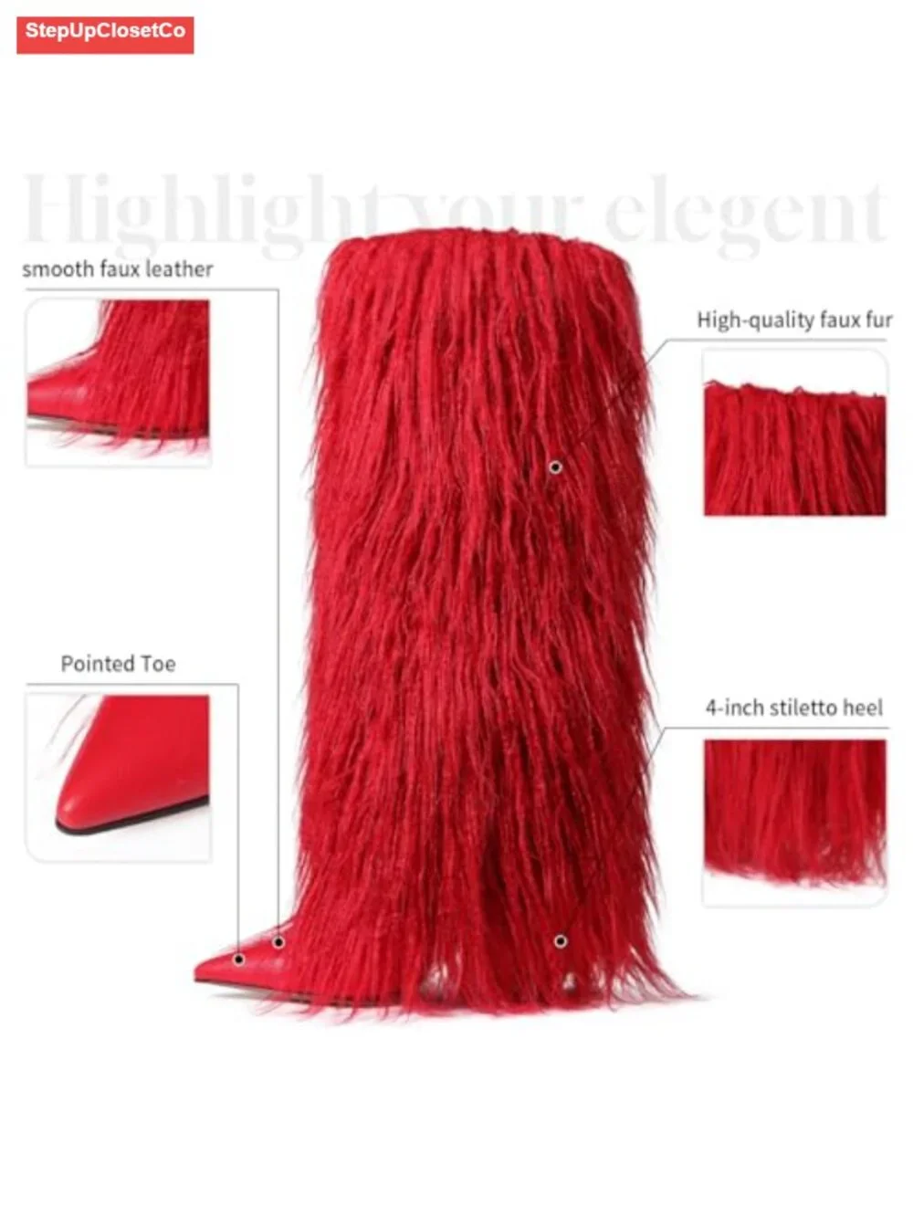 Faux Fur Faux Leather Wide Calf Knee High Stiletto Boots Women Pointed Toe